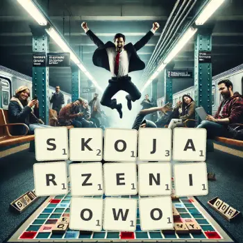 Kreatywna ilustracja do gry w Scrabble ze słowem SKOJARZENIOWO ułożonym z płytek na planszy.