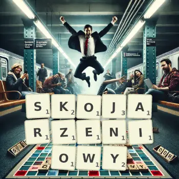 Kreatywna ilustracja do gry w Scrabble ze słowem SKOJARZENIOWY ułożonym z płytek na planszy.