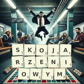 Kreatywna ilustracja do gry w Scrabble ze słowem SKOJARZENIOWYM ułożonym z płytek na planszy.