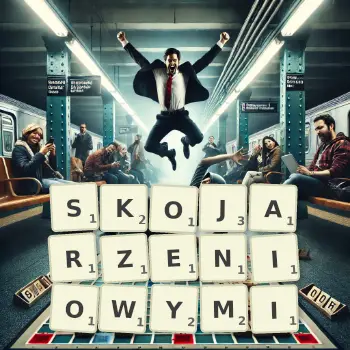 Kreatywna ilustracja do gry w Scrabble ze słowem SKOJARZENIOWYMI ułożonym z płytek na planszy.