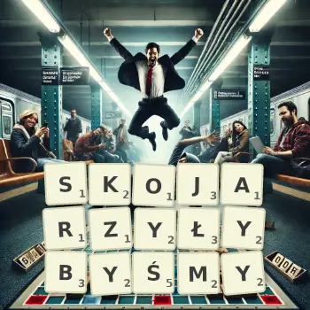 Kreatywna ilustracja do gry w Scrabble ze słowem SKOJARZYŁYBYŚMY ułożonym z płytek na planszy.