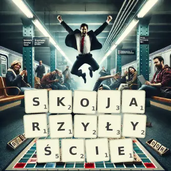Kreatywna ilustracja do gry w Scrabble ze słowem SKOJARZYŁYŚCIE ułożonym z płytek na planszy.