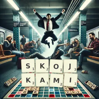 Kreatywna ilustracja do gry w Scrabble ze słowem SKOJKAMI ułożonym z płytek na planszy.