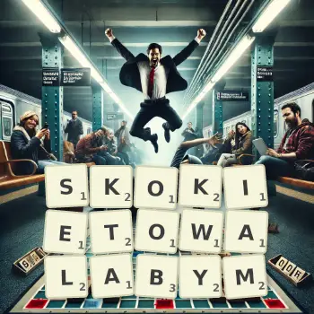 Kreatywna ilustracja do gry w Scrabble ze słowem SKOKIETOWALABYM ułożonym z płytek na planszy.