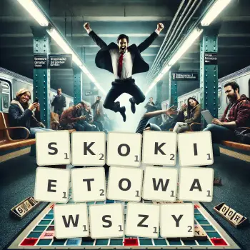 Kreatywna ilustracja do gry w Scrabble ze słowem SKOKIETOWAWSZY ułożonym z płytek na planszy.