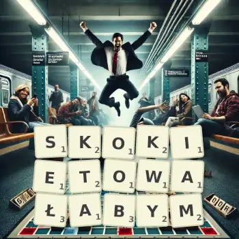 Kreatywna ilustracja do gry w Scrabble ze słowem SKOKIETOWAŁABYM ułożonym z płytek na planszy.