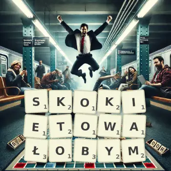 Kreatywna ilustracja do gry w Scrabble ze słowem SKOKIETOWAŁOBYM ułożonym z płytek na planszy.
