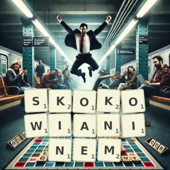Kreatywna ilustracja do gry w Scrabble ze słowem SKOKOWIANINEM ułożonym z płytek na planszy.