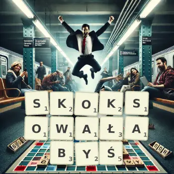 Kreatywna ilustracja do gry w Scrabble ze słowem SKOKSOWAŁABYŚ ułożonym z płytek na planszy.