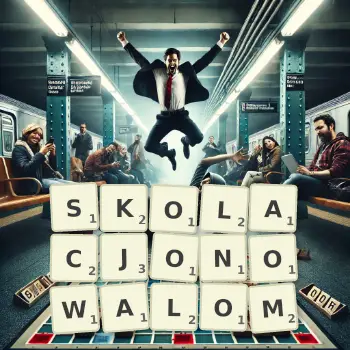 Kreatywna ilustracja do gry w Scrabble ze słowem SKOLACJONOWALOM ułożonym z płytek na planszy.