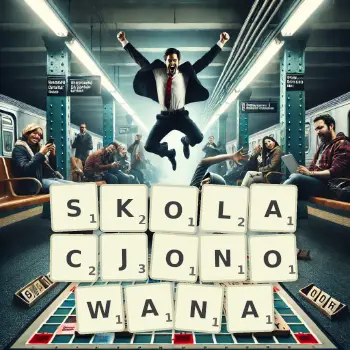 Kreatywna ilustracja do gry w Scrabble ze słowem SKOLACJONOWANA ułożonym z płytek na planszy.