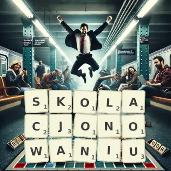 Kreatywna ilustracja do gry w Scrabble ze słowem SKOLACJONOWANIU ułożonym z płytek na planszy.