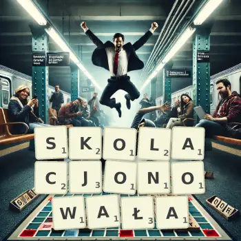 Kreatywna ilustracja do gry w Scrabble ze słowem SKOLACJONOWAŁA ułożonym z płytek na planszy.