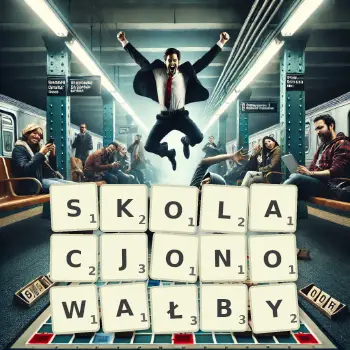 Kreatywna ilustracja do gry w Scrabble ze słowem SKOLACJONOWAŁBY ułożonym z płytek na planszy.