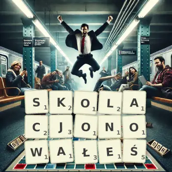 Kreatywna ilustracja do gry w Scrabble ze słowem SKOLACJONOWAŁEŚ ułożonym z płytek na planszy.