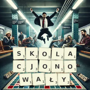 Kreatywna ilustracja do gry w Scrabble ze słowem SKOLACJONOWAŁY ułożonym z płytek na planszy.