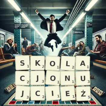 Kreatywna ilustracja do gry w Scrabble ze słowem SKOLACJONUJCIEŻ ułożonym z płytek na planszy.