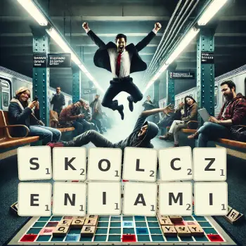 Kreatywna ilustracja do gry w Scrabble ze słowem SKOLCZENIAMI ułożonym z płytek na planszy.