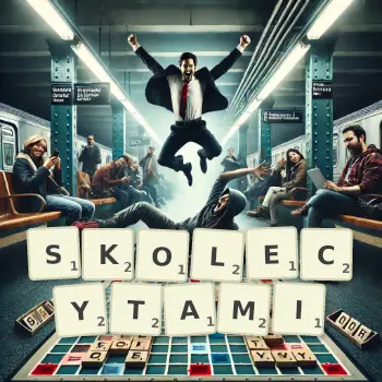Kreatywna ilustracja do gry w Scrabble ze słowem SKOLECYTAMI ułożonym z płytek na planszy.