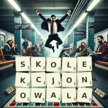 Kreatywna ilustracja do gry w Scrabble ze słowem SKOLEKCJONOWALA ułożonym z płytek na planszy.