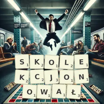 Kreatywna ilustracja do gry w Scrabble ze słowem SKOLEKCJONOWAŁ ułożonym z płytek na planszy.