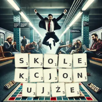 Kreatywna ilustracja do gry w Scrabble ze słowem SKOLEKCJONUJŻE ułożonym z płytek na planszy.