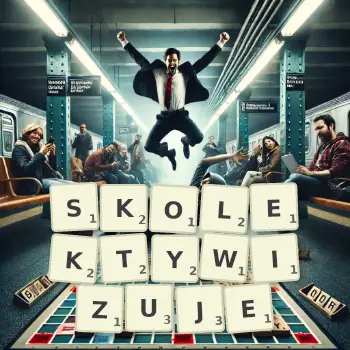 Kreatywna ilustracja do gry w Scrabble ze słowem SKOLEKTYWIZUJE ułożonym z płytek na planszy.