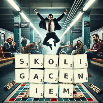 Kreatywna ilustracja do gry w Scrabble ze słowem SKOLIGACENIEM ułożonym z płytek na planszy.