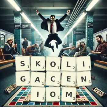 Kreatywna ilustracja do gry w Scrabble ze słowem SKOLIGACENIOM ułożonym z płytek na planszy.