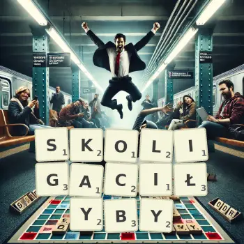 Kreatywna ilustracja do gry w Scrabble ze słowem SKOLIGACIŁYBY ułożonym z płytek na planszy.