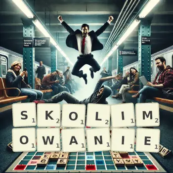 Kreatywna ilustracja do gry w Scrabble ze słowem SKOLIMOWANIE ułożonym z płytek na planszy.