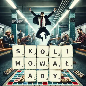 Kreatywna ilustracja do gry w Scrabble ze słowem SKOLIMOWAŁABY ułożonym z płytek na planszy.