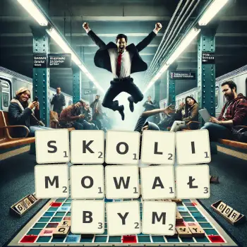 Kreatywna ilustracja do gry w Scrabble ze słowem SKOLIMOWAŁBYM ułożonym z płytek na planszy.