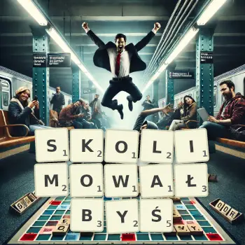 Kreatywna ilustracja do gry w Scrabble ze słowem SKOLIMOWAŁBYŚ ułożonym z płytek na planszy.