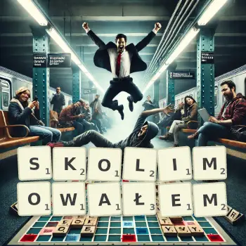 Kreatywna ilustracja do gry w Scrabble ze słowem SKOLIMOWAŁEM ułożonym z płytek na planszy.