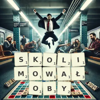 Kreatywna ilustracja do gry w Scrabble ze słowem SKOLIMOWAŁOBY ułożonym z płytek na planszy.