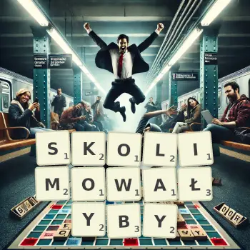 Kreatywna ilustracja do gry w Scrabble ze słowem SKOLIMOWAŁYBY ułożonym z płytek na planszy.