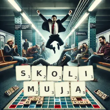 Kreatywna ilustracja do gry w Scrabble ze słowem SKOLIMUJĄ ułożonym z płytek na planszy.