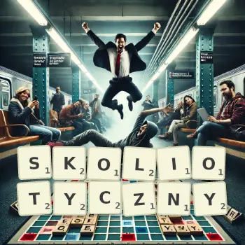 Kreatywna ilustracja do gry w Scrabble ze słowem SKOLIOTYCZNY ułożonym z płytek na planszy.