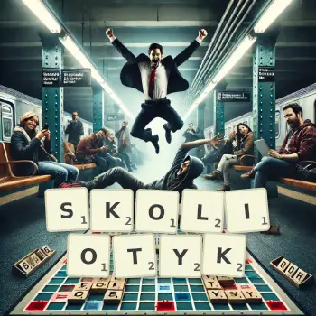 Kreatywna ilustracja do gry w Scrabble ze słowem SKOLIOTYK ułożonym z płytek na planszy.