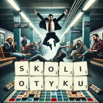 Kreatywna ilustracja do gry w Scrabble ze słowem SKOLIOTYKU ułożonym z płytek na planszy.