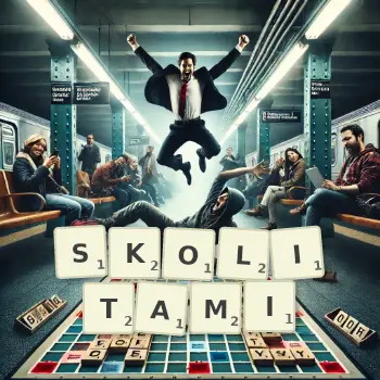 Kreatywna ilustracja do gry w Scrabble ze słowem SKOLITAMI ułożonym z płytek na planszy.