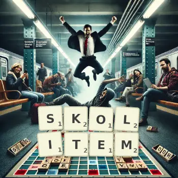 Kreatywna ilustracja do gry w Scrabble ze słowem SKOLITEM ułożonym z płytek na planszy.