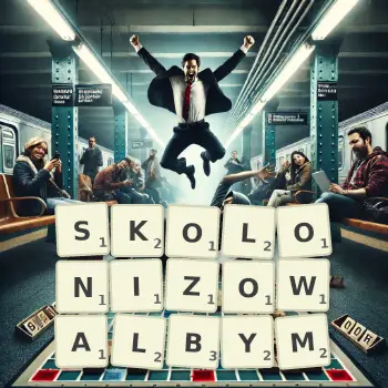 Kreatywna ilustracja do gry w Scrabble ze słowem SKOLONIZOWALBYM ułożonym z płytek na planszy.