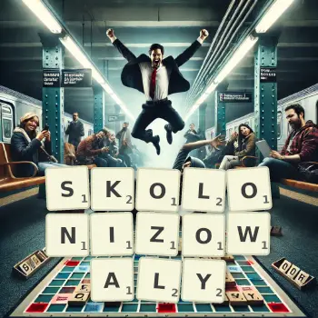 Kreatywna ilustracja do gry w Scrabble ze słowem SKOLONIZOWALY ułożonym z płytek na planszy.