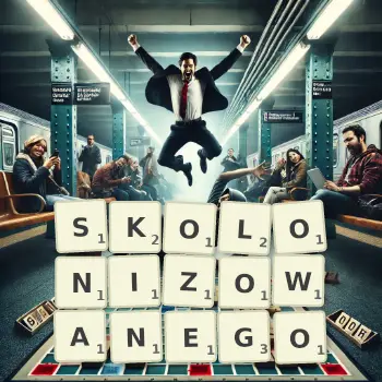 Kreatywna ilustracja do gry w Scrabble ze słowem SKOLONIZOWANEGO ułożonym z płytek na planszy.