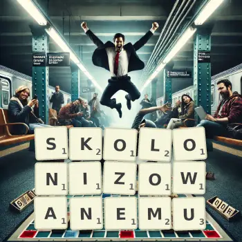 Kreatywna ilustracja do gry w Scrabble ze słowem SKOLONIZOWANEMU ułożonym z płytek na planszy.