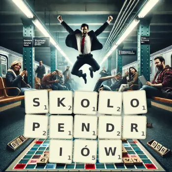 Kreatywna ilustracja do gry w Scrabble ze słowem SKOLOPENDRIÓW ułożonym z płytek na planszy.