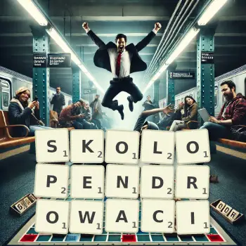 Kreatywna ilustracja do gry w Scrabble ze słowem SKOLOPENDROWACI ułożonym z płytek na planszy.