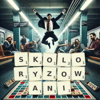 Kreatywna ilustracja do gry w Scrabble ze słowem SKOLORYZOWANI ułożonym z płytek na planszy.